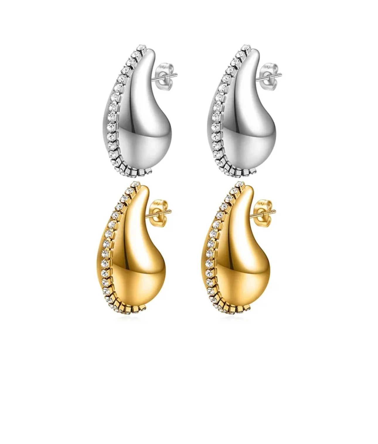 Gold and silver teardrop stud earrings with crystal accents, elegant jewelry set