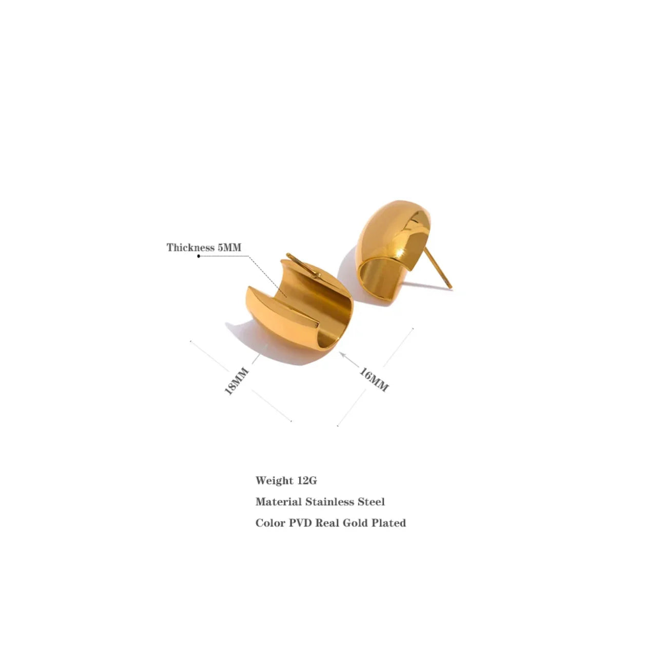 Gold plated stainless steel hoop earrings with measurements, 18mm by 16mm, 5mm thick