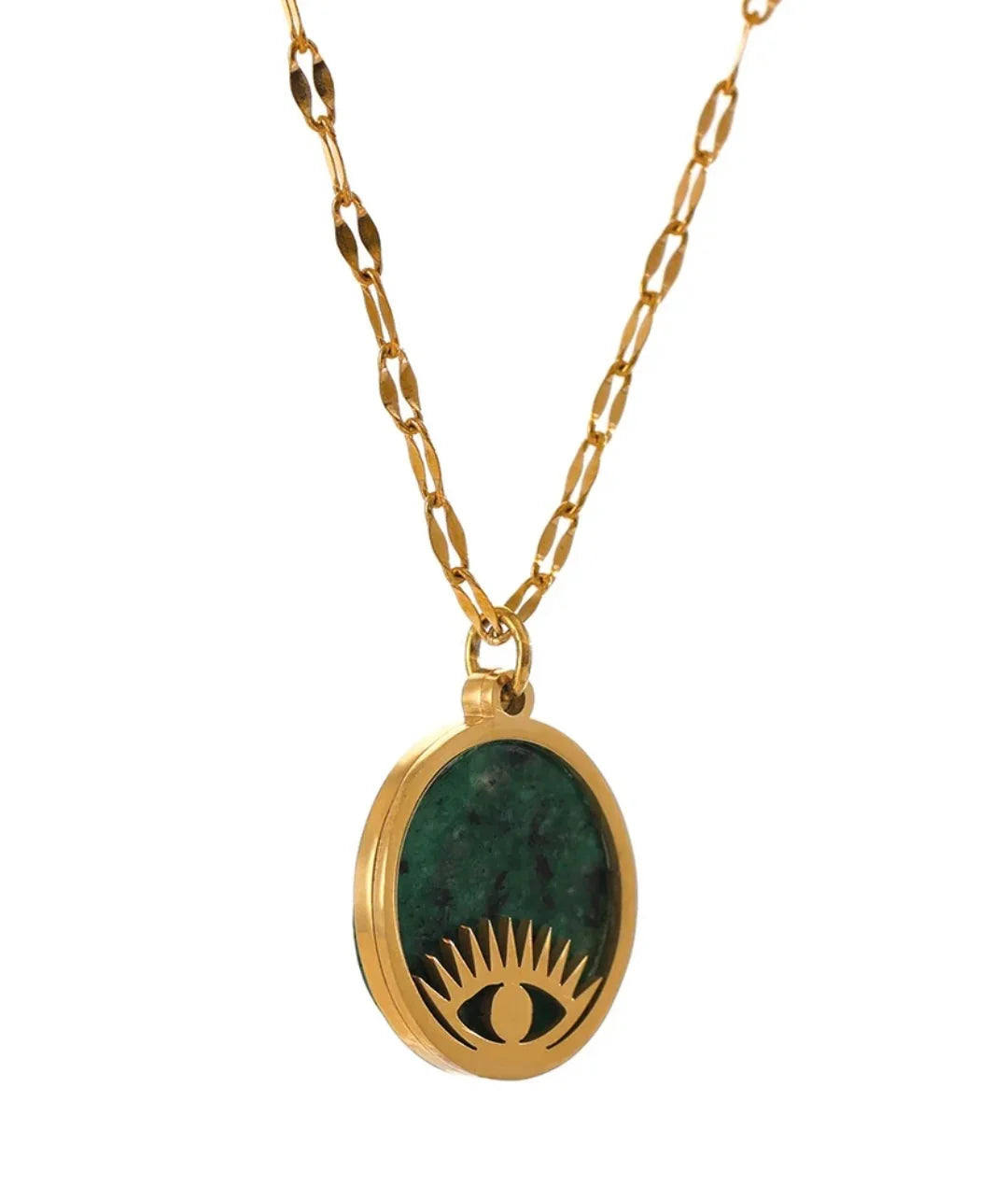 Gold chain necklace with oval green pendant featuring an eye design