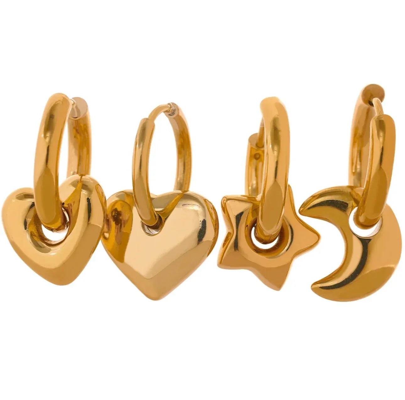 Gold hoop earrings with heart, star, and crescent moon charms on white background