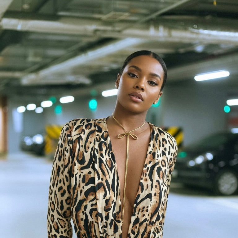Woman in leopard print dress and gold necklace posing in a modern parking garage