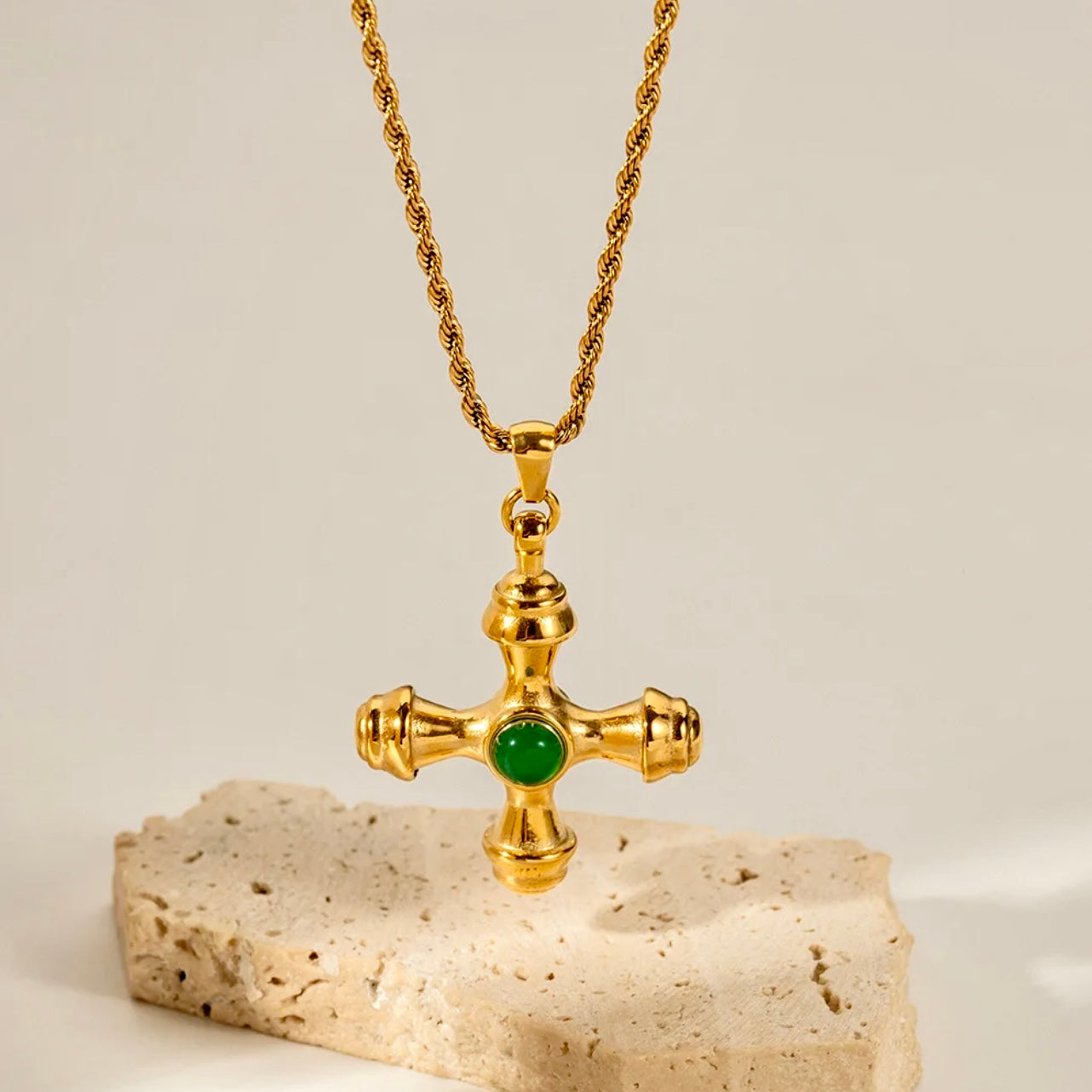 St Tropez Pendant Cross Necklace - Green Jade