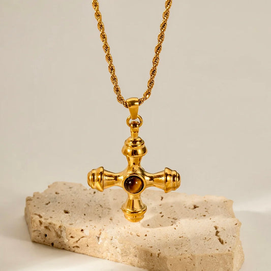 St Tropez Pendant Cross Necklace - Tiger Eye