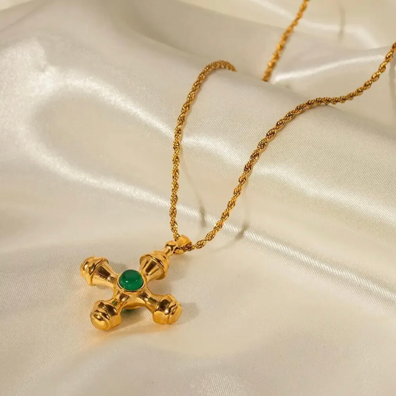 St Tropez Pendant Cross Necklace - Green Jade